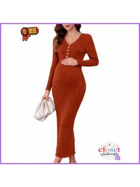 Wool Blend Maternity Sweater Dress Button V-Neck Bodycon